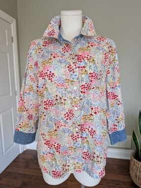 Vintage Women's Floral Cotton Button-Up Shirt Cottagecore Boho Top Size XL